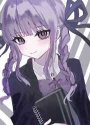 Rule 34 | 1girl, black jacket, black ribbon, blush, book, bow, bowtie, braid, collared shirt, danganronpa, danganronpa (series), danganronpa kirigiri, dress shirt, grey background, hair ribbon, highres, holding, holding book, jacket, kirigiri kyoko, official alternate costume, open clothes, open jacket, pink bow, pink bowtie, pink eyes, ribbon, shirase aron (sisisiroo), shirt, smile, solo, twin braids, twintails, upper body, white background, white shirt