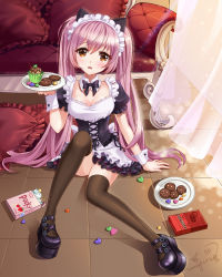 Rule 34 | 1girl, apron, black bow, black dress, black footwear, black thighhighs, blush, bow, box, breasts, brown eyes, candy heart, cleavage, cookie, corset, couch, cupcake, curtains, cushion, detached collar, dress, food, frilled apron, frilled dress, frills, head tilt, heart, highres, holding, holding plate, indoors, knee up, light frown, light rays, long hair, looking at viewer, maid, maid apron, maid headdress, on floor, open mouth, original, parted lips, pillow, pink hair, plate, platform footwear, pocky, shadow, shoes, short dress, signature, sitting, solo, sunbeam, sunlight, sweets, thighhighs, tile floor, tiles, twintails, very long hair, wrist cuffs, yun zi