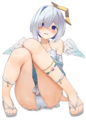 Rule 34 | 1girl, absurdres, amane kanata, anklet, arm support, armpit crease, arms behind back, ass, asymmetrical hair, bikini, bikini skirt, blue eyes, blue hair, blush, breasts, buket pudding i, collarbone, colored inner hair, commentary request, embarrassed, feathered wings, feet, frilled bikini, frills, full body, grey bikini, grey footwear, grey hair, hair over one eye, highres, hololive, jewelry, knees together feet apart, knees up, legs, looking at viewer, medium hair, multicolored hair, off shoulder, official alternate costume, pink hair, sandals, shiny skin, simple background, small breasts, solo, streaked hair, sweatdrop, swimsuit, thighs, toenails, toes, virtual youtuber, white background, wings