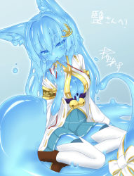 Rule 34 | 1girl, animal ears, blue eyes, blue hair, blue skin, breasts, cleavage, cleavage cutout, clothing cutout, colored skin, curss, fox ears, fox girl, fox tail, japanese clothes, monster girl, no bra, open clothes, sideboob, skirt, slime girl, smile, solo, tail, thighs