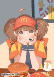 1girl ahoge artist_name black_necktie black_wristband blunt_bangs blush bow bowtie brown_eyes brown_hair burger cheese commentary dashimaki_gorilla_(dasigori) double_cheese_(mcdonald&#039;s) eating elbow_rest elbows_on_table food french_fries grin hamster hat head_rest headset looking_at_viewer mcdonald&#039;s medium_hair microphone necktie parted_lips pickle picture_frame red_hat ronald_mcdonald sesame_seeds shirt signature sitting smile solo straight-on table tomato tomato_slice tray twintails visor_cap w_arms white_shirt yellow_bow yellow_bowtie yellow_happi