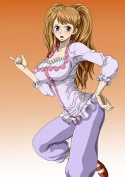Rule 34 | 1girl, blonde hair, blush, breasts, buttons, charlotte pudding, cleavage, covered erect nipples, feet, gradient background, hand on own hip, highres, index finger raised, large breasts, legs, long hair, looking at viewer, nel-zel formula, one piece, open mouth, red eyes, sandals, simple background, smile, solo, source request, standing, thighs, twintails