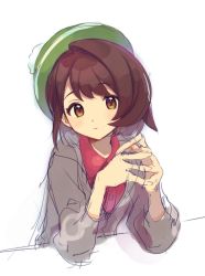 Rule 34 | 1girl, blush, bob cut, brown eyes, brown hair, buttons, cardigan, closed mouth, collared dress, commentary request, creatures (company), dress, game freak, gloria (pokemon), green hat, grey cardigan, hands up, hat, highres, looking at viewer, nintendo, own hands together, pink dress, pokemon, pokemon swsh, short hair, sketch, solo, tam o&#039; shanter, upper body, yamunashi