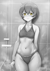 Rule 34 | 1girl, arm at side, arm behind back, artist name, bare arms, bare shoulders, blush, breasts, closed mouth, collarbone, commentary, commentary request, cowboy shot, english commentary, greyscale, groin, hair between eyes, halterneck, highres, holding, holding shower head, hoshizora rin, indoors, looking at viewer, love live!, love live! school idol project, mixed-language commentary, monochrome, navel, nose blush, panties, shadow, shiny skin, short hair, shower (place), shower head, signature, skindentation, small breasts, smile, solo, sports bra, spot color, standing, steam, stomach, thigh gap, tile wall, tiles, underwear, underwear only, unsfrau, water drop, wet, wet clothes, wide hips, yellow eyes