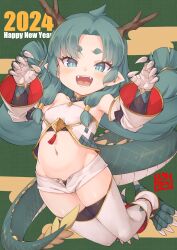 Rule 34 | 1girl, 2024, bare shoulders, blush, breasts, chinese zodiac, claw pose, claws, commentary request, crop top, detached sleeves, dragon girl, dragon horns, dragon tail, fang, full body, green eyes, green hair, happy new year, highres, horns, jingai modoki, long hair, low-tied long hair, micro shorts, navel, new year, open mouth, original, pointy ears, scales, short eyebrows, shorts, slit pupils, small breasts, smile, solo, tail, tassel, teeth, thighhighs, year of the dragon