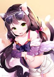 Rule 34 | 1girl, animal ear fluff, animal ears, bad id, bad pixiv id, bikini, bikini under clothes, black hair, bow, breasts, cat ears, cat girl, cat tail, collarbone, commentary request, dutch angle, eyewear on head, green eyes, grey-framed eyewear, hair bow, jacket, karyl (princess connect!), karyl (summer) (princess connect!), long hair, long sleeves, low twintails, maeha, multicolored hair, off shoulder, open clothes, open fly, open jacket, open shorts, princess connect!, purple bikini, purple jacket, red bow, short shorts, shorts, small breasts, solo, streaked hair, sunglasses, swimsuit, tail, twintails, very long hair, white hair, white shorts