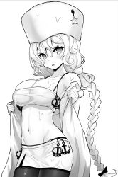 Rule 34 | 1girl, avrora (azur lane), azur lane, bandeau, bare shoulders, braid, breasts, cleavage, collarbone, commentary request, cowboy shot, crop top, fur hat, greyscale, hat, highres, hori (hori no su), large breasts, long hair, looking at viewer, midriff, miniskirt, monochrome, navel, off shoulder, open mouth, pantyhose, single braid, skirt, solo, spaghetti strap, star (symbol), stomach, undressing, ushanka, very long hair, wet