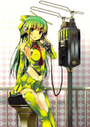 Rule 34 | 1girl, :o, android, argyle, argyle background, argyle clothes, arm support, bare shoulders, black eyes, boots, breasts, covered erect nipples, detached sleeves, green footwear, green hair, green thighhighs, hair ornament, highres, medium breasts, midriff, navel, necktie, open mouth, phone, refeia, sitting, skirt, sleeves past wrists, solo, steampunk, thigh boots, thighhighs, utility pole, zettai ryouiki