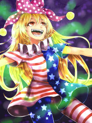 Rule 34 | 1girl, american flag dress, american flag legwear, blonde hair, clownpiece, collar, frilled collar, frilled shirt collar, frills, hat, highres, jester cap, long hair, neck ruff, open mouth, outstretched arms, pantyhose, polka dot, red eyes, rnkgmn, sharp teeth, solo, standing, teeth, touhou, very long hair