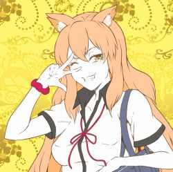 Rule 34 | 1girl, animal ears, blush, breasts, fate/extra ccc fox tail, fate/grand order, fate (series), highres, japanese clothes, long hair, orange hair, smile, suzuka gozen (fate), wink, yellow background, yellow eyes