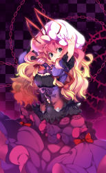 1girl absurdres blonde_hair bow breasts chain checkered_background cleavage clothing_cutout dress female_focus hair_bow hat highres huangquan_dong_(sinchi) large_breasts long_hair long_sleeves looking_at_viewer navel navel_cutout purple_eyes solo touhou yakumo_yukari