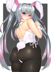 Rule 34 | 1girl, alternate costume, animal ears, ass, azur lane, bare shoulders, blue eyes, blush, breasts, detached collar, fake animal ears, grey hair, hair between eyes, hair ornament, halsey powell (azur lane), highres, large breasts, leotard, long hair, looking at viewer, looking back, multicolored hair, open mouth, pantyhose, playboy bunny, purple hair, rabbit ears, rabbit tail, solo, tail, tak., twintails