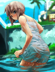 Rule 34 | 1girl, bare shoulders, blush, brown eyes, brown hair, dress, hamamura, highres, original, partially submerged, see-through, short hair, solo, standing, wading, water, wet, wet clothes