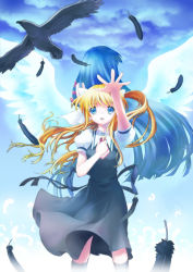 Rule 34 | 00s, air (visual novel), back-to-back, bird, blonde hair, blue eyes, crow, feathers, highres, kamio misuzu, kannabi no mikoto, long hair, myaaco, outstretched arm, outstretched hand, ponytail, reaching, school uniform, sora (air)