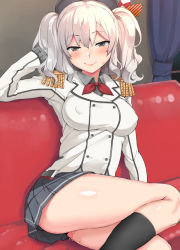 Rule 34 | 10s, 1girl, black socks, breasts, buttons, closed mouth, couch, covered erect nipples, curtains, double-breasted, epaulettes, eyebrows, female focus, hand on own head, hat, impossible clothes, impossible shirt, indoors, kantai collection, kashima (kancolle), kneehighs, large breasts, long hair, long sleeves, looking at viewer, military, military uniform, miniskirt, nuko (mikupantu), pleated skirt, shirt, sitting, skirt, smile, socks, solo, suggestive fluid, sweatdrop, taut clothes, taut shirt, two side up, uniform, upskirt, white hair