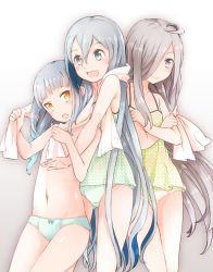 Rule 34 | 10s, 3girls, ahoge, alternate hairstyle, asashimo (kancolle), bare shoulders, blue hair, blue panties, bow, bow panties, camisole, comah, crossed arms, gradient hair, green panties, grey eyes, grey hair, hair over one eye, kantai collection, kasumi (kancolle), kiyoshimo (kancolle), long hair, looking at viewer, multicolored hair, multiple girls, navel, open mouth, panties, purple hair, simple background, smile, topless, towel, towel around neck, underwear, very long hair, white panties, yellow eyes, yellow panties