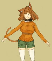 Rule 34 | 1girl, ^ ^, animal ears, blush stickers, breasts, brown background, brown hair, cat ears, cat tail, closed eyes, collar, haruka (muneneko), large breasts, long sleeves, muneneko, orange shirt, original, outstretched arms, ribbed sweater, shirt, shorts, simple background, sketch, smile, solo, spread arms, standing, sweater, tail, thighhighs, v arms, white thighhighs