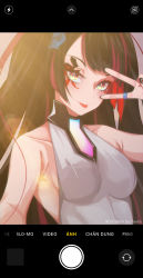 Rule 34 | 1girl, absurdres, arrow (symbol), bad id, bad pixiv id, bare shoulders, black hair, breasts, collarbone, commentary, english commentary, facial mark, grey shirt, hand up, highres, indie virtual youtuber, long hair, multicolored hair, red hair, selfie, shirt, sleeveless, sleeveless shirt, small breasts, solo, streaked hair, suzuhana rin, translation request, upper body, v over eye, very long hair, virtual youtuber, yellow eyes, yuuta (yuuta0312)