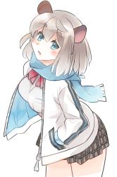 Rule 34 | 1girl, alternate costume, animal ears, aqua eyes, blue scarf, blush, bow, bowtie, breast pocket, breasts, brown hair, brown skirt, cowboy shot, dog ears, dog girl, female focus, floretta (world flipper), from side, grey shirt, hand in pocket, highres, jacket, jpeg artifacts, komuro takahiro, leaning forward, looking at viewer, medium breasts, miniskirt, open clothes, open jacket, open mouth, plaid, plaid skirt, pleated skirt, pocket, red bow, red bowtie, scarf, school uniform, shirt, short hair, sidelocks, simple background, skirt, solo, standing, two-sided fabric, two-sided jacket, white background, world flipper, zipper, zipper pull tab
