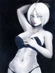 Rule 34 | 1girl, afrostar, ahoge, angel (kof), arm behind head, arm up, armpits, bare shoulders, black background, blue eyes, bra, breasts, cleavage, collarbone, colored skin, covered erect nipples, female focus, groin, hair over one eye, large breasts, looking at viewer, navel, panties, short hair, simple background, smile, solo, stomach, strapless, strapless bra, the king of fighters, toned, underwear, underwear only, upper body, white hair, white skin