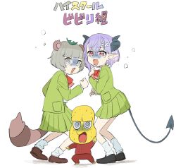 Rule 34 | 1boy, 2girls, :3, @ @, alternate costume, animal ears, bald, black footwear, brown footwear, clenched hand, colored inner hair, colored skin, demon horns, demon tail, full body, furrowed brow, gakuran, green skirt, grey eyes, grey hair, hand up, hands up, height difference, highres, horns, indie virtual youtuber, jacket, leaf, leaf on head, loafers, long pointy ears, long sleeves, looking at viewer, looking to the side, loose socks, mimic (vtuber), mode aim, multicolored hair, multiple girls, neck ribbon, ohitori (o hitori sama 1), open mouth, pants, peanuts-kun, pointy ears, ponpoko (vtuber), purple hair, raccoon ears, raccoon girl, raccoon tail, red eyes, red jacket, red pants, red ribbon, ribbon, scared, school uniform, shoes, simple background, skirt, socks, standing, tail, tearing up, translation request, turn pale, virtual youtuber, white background, white socks, yellow skin
