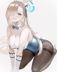 Rule 34 | 1girl, absurdres, animal ears, arm support, asuna (blue archive), bare shoulders, blue archive, blue bow, blue bowtie, blue eyes, blue leotard, bow, bowtie, breasts, cleavage, commentary, detached collar, fake animal ears, hair over one eye, halo, high heels, highleg, highleg leotard, highres, kneeling, large breasts, leotard, light brown hair, mole, mole on breast, official alternate costume, pantyhose, playboy bunny, rabbit ears, strapless, strapless leotard, swept bangs, thighband pantyhose, traditional bowtie, yougashi