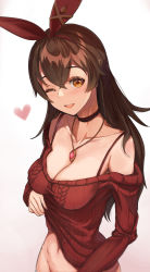 Rule 34 | 1girl, amber (genshin impact), bare shoulders, blush, bra strap, breasts, brown hair, casual, choker, cleavage, clothes lift, collarbone, genshin impact, groin, hair between eyes, hairband, heart, highres, jewelry, long hair, long sleeves, looking at viewer, medium breasts, navel, necklace, one eye closed, red hairband, red sweater, shirt lift, smile, solo, sumtj, sweater, yellow eyes