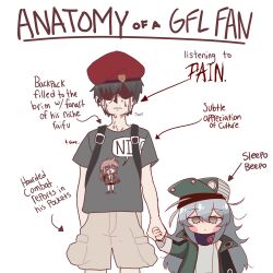 Rule 34 | 1boy, 1girl, absurdres, anatomy of a gamer (meme), arms at sides, arrow (symbol), baseball cap, beret, black hair, blush stickers, brown hair, brown pants, cargo pants, character name, closed mouth, commander (girls&#039; frontline), commentary, cowboy shot, crying, english commentary, english text, expressionless, g11 (girls&#039; frontline), girls&#039; frontline, green jacket, grey eyes, grey hair, grey shirt, hat, height difference, highres, jacket, long hair, long sleeves, looking at viewer, meme, pants, red beret, shaded face, shirt, short hair, short sleeves, side-by-side, simple background, smart oval, standing, straight-on, streaming tears, t-shirt, tears, variant set, white background