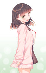 Rule 34 | 1girl, arms behind back, black skirt, blew andwhite, blush, breasts, brown eyes, brown hair, cardigan, commentary request, from side, highres, long sleeves, looking at viewer, medium breasts, open cardigan, open clothes, open mouth, original, own hands together, pink sweater, school uniform, shirt, shirt tucked in, short hair, signature, skirt, smile, solo, standing, sweater, white shirt