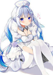 Rule 34 | 1girl, absurdres, amane kanata, amane kanata (nurse), bandaged arm, bandages, blue hair, blush, breasts, cleavage, collar, commentary, detached collar, dress, frilled dress, frills, gloves, gradient hair, grey hair, hair ornament, hat, heart, highres, hololive, long hair, looking at viewer, multicolored hair, name tag, nurse, nurse cap, okiq, pantyhose, playing with own hair, purple eyes, shadow, short sleeves, simple background, sitting, smile, solo, translated, twintails, virtual youtuber, white background, white collar, white dress, white gloves, white hat, white pantyhose