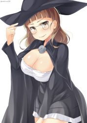 Rule 34 | 10s, 1girl, adjusting clothes, adjusting headwear, alternate costume, bad id, bad pixiv id, black dress, blush, breasts, brown eyes, brown hair, cape, cleavage, dress, eyewear strap, glasses, hat, kankitsunabe (citrus), kantai collection, large breasts, long sleeves, roma (kancolle), short hair, solo, twitter username, wavy hair, white background, witch hat