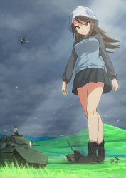 Rule 34 | 10s, 6+girls, aircraft, airplane, aki (girls und panzer), ankle boots, beret, bird, blonde hair, blue footwear, blue hat, blue jacket, blue skirt, boots, breasts, brown eyes, brown hair, emblem, extra, giant, giantess, girls und panzer, grass, hat, highres, jacket, kuro oolong, light brown hair, long hair, long sleeves, looking down, m26 pershing, mika (girls und panzer), mikko (girls und panzer), military, military uniform, military vehicle, miniskirt, motor vehicle, mountain, multiple girls, pleated skirt, seagull, selection university military uniform, shimada arisu, skirt, smile, tank, track jacket, two side up, uniform