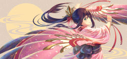 Rule 34 | 1girl, animal print, bell, bird print, blush, bracelet, chinese zodiac, closed mouth, dancing, fake wings, floating hair, from side, full moon, green eyes, hair between eyes, hair ornament, hair stick, highres, japanese clothes, jewelry, jingle bell, kimono, lips, long hair, long sleeves, looking at viewer, moon, new year, obi, original, outstretched arms, petals, pinakes, pink kimono, ponytail, print kimono, red ribbon, ribbon, sash, sayagata, sidelocks, sideways glance, smile, solo, upper body, very long hair, wide sleeves, wings, year of the rooster