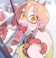 Rule 34 | 1girl, chainsaw man, food, grocery store, highres, meat, power (chainsaw man), sharp teeth, solo, teeth