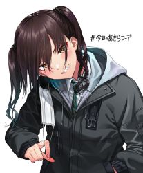 Rule 34 | 1girl, blush, brown eyes, brown hair, collared shirt, commentary request, diagonal-striped clothes, diagonal-striped neckwear, fingernails, green necktie, grey jacket, grin, hair between eyes, hair tie, hand in pocket, head tilt, highres, hood, hood down, hooded jacket, ice reizou, idolmaster, idolmaster cinderella girls, jacket, long sleeves, looking at viewer, mask, mask around one ear, mask pull, medium hair, mole, mole under eye, mouth mask, necktie, pulled by self, sharp teeth, shirt, simple background, sleeves past wrists, smile, solo, striped clothes, striped necktie, striped neckwear, sunazuka akira, surgical mask, teeth, translation request, twintails, upper body, white background, white shirt