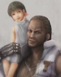 Rule 34 | 00s, 1990s (style), 1boy, 1girl, bad id, bad pixiv id, barret wallace, beard, brown eyes, brown hair, carrying, child, cornrows, dark-skinned male, dark skin, earrings, facial hair, father and daughter, final fantasy, final fantasy vii, final fantasy vii advent children, fishnets, gun, jewelry, marlene wallace, mechanical, metal, miche, necklace, prosthesis, retro artstyle, scar, shoulder carry, sitting, sitting on shoulder, sleeveless, sleeveless turtleneck, turtleneck, weapon