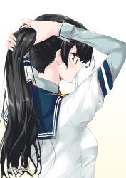 Rule 34 | 1girl, adjusting hair, black hair, blouse, blush, breasts, collared dress, dress, grey eyes, holding, holding hair, kantai collection, long hair, long sleeves, mikage takashi, mouth hold, ooyodo (kancolle), ponytail, profile, ribbon, sailor collar, school uniform, shirt, simple background, solo, twitter username, upper body, white background, white shirt