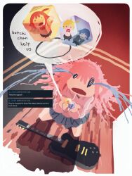 Rule 34 | . ., 4girls, :&lt;, ahoge, black ribbon, black skirt, blonde hair, blue hair, bocchi the rock!, border, bow, bowtie, brown cardigan, cardigan, closed mouth, crying, cube hair ornament, d:, electric guitar, english text, gotoh hitori, green eyes, grey skirt, guitar, hair ornament, highres, holding, holding hair ornament, ijichi nijika, in container, instrument, jacket, kita ikuyo, kneeling, long hair, long sleeves, multiple girls, neck ribbon, no lineart, one side up, open mouth, panicking, pink hair, pink jacket, pleated skirt, projected inset, red bow, red bowtie, red eyes, red hair, ribbon, screenshot inset, shadow, shirt, short hair, side ponytail, sidelocks, skirt, streaming tears, tears, track jacket, trapped, white border, white shirt, yaa0, yamada ryo