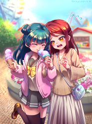 Rule 34 | 2girls, absurdres, amusement park, artist name, bag, biting, black legwear, blue hair, blunt bangs, blurry, blurry background, blush, bow, brown footwear, brown sweater, cable knit, closed eyes, commentary, curled fingers, d:, dark blue hair, dated, day, eating, eyelashes, flying sweatdrops, food, foot up, furrowed brow, grey skirt, hair bun, half updo, handbag, highres, holding food, holding ice cream, hood, hood down, hoodie, ice cream, loafers, long hair, long skirt, long sleeves, looking at another, love live!, love live! sunshine!!, miniskirt, multiple girls, open clothes, open hoodie, open mouth, outdoors, pink hoodie, pleated skirt, red hair, sakurauchi riko, school uniform, senkun, shirt, shoes, side bun, single bang, single side bun, skirt, standing, standing on one leg, surprised arms, sweater, teeth, thighhighs, tongue, tsushima yoshiko, unzipped, upper teeth only, uranohoshi school uniform, white skirt, wide sleeves, winter uniform, yellow bow, yellow eyes, yellow shirt