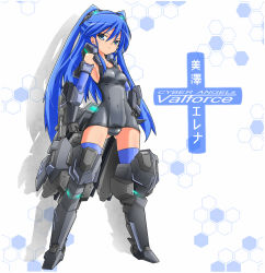 Rule 34 | 1girl, alternate color, armpits, bare shoulders, blue eyes, blue hair, breasts, densou tenshi valforce, elbow gloves, gloves, hand on own hip, karukan (monjya), long hair, matching hair/eyes, mecha musume, mechanical arms, misawa elena, one-piece swimsuit, player 2, red one-piece swimsuit, school swimsuit, solo, swimsuit, thighhighs, thrusters, two side up, very long hair