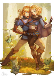 Rule 34 | 1boy, 1girl, :d, arm around shoulder, arm around waist, black pants, blonde hair, blue eyes, blue shirt, boots, braid, brown pants, champion&#039;s tunic (zelda), chilin n, closed mouth, crown braid, fingerless gloves, forest, gloves, green eyes, hair ornament, hairclip, highres, korok, leather, leather boots, light brown hair, link, looking at viewer, medium hair, nature, nintendo, open mouth, pants, pointy ears, princess zelda, shirt, short hair, smile, the legend of zelda, the legend of zelda: tears of the kingdom