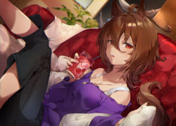 Rule 34 | 1girl, absurdres, agnes tachyon (umamusume), ahoge, animal ears, black pants, blurry, breasts, brown hair, couch, cup, depth of field, hair between eyes, highres, holding, holding cup, horse ears, horse girl, horse tail, indoors, jewelry, long sleeves, looking at viewer, medium hair, necklace, off-shoulder shirt, off shoulder, open mouth, orange eyes, pants, plant, potted plant, purple shirt, shirt, sitting, small breasts, smile, solo, tail, umamusume, yanyo (ogino atsuki)