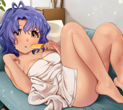 Rule 34 | 1girl, :o, absurdres, antenna hair, bad id, bad twitter id, bare arms, bare legs, bare shoulders, barefoot, blue hair, blush, breasts, cleavage, collarbone, couch, drawer, dripping, food, hair between eyes, hanamasa ono, highres, idolmaster, idolmaster million live!, indoors, knees up, light particles, looking at viewer, medium breasts, naked towel, on couch, open mouth, picture frame, pillow, plant, popsicle, potted plant, short hair, solo, towel, toyokawa fuka, yellow eyes