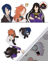 Rule 34 | 4boys, alcryst (fire emblem), black hair, blue hair, closed eyes, earrings, fire emblem, fire emblem engage, hahm0106, hair between eyes, hair ornament, hairclip, highres, jacket, jewelry, long hair, long sleeves, looking at another, male focus, multiple boys, nintendo, orange hair, pandreo (fire emblem), rosado (fire emblem), seadall (fire emblem), short hair, standing, trap, white background