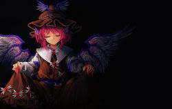 Rule 34 | 1girl, akaiha (akaihagusk), bad id, bad pixiv id, bird wings, black background, closed mouth, clothes lift, dark, dress, dress lift, closed eyes, fingernails, hat, highres, lifting own clothes, mystia lorelei, nail polish, pink hair, sharp fingernails, smile, solo, touhou, wings