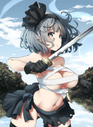 Rule 34 | 1girl, bandages, bare arms, bare shoulders, black gloves, black hairband, black ribbon, black thighhighs, blue sky, breasts, chest sarashi, cleavage, cloud, commentary request, cowboy shot, day, gloves, gluteal fold, green eyes, grey skirt, hair ribbon, hairband, highres, hitodama, holding, holding sword, holding weapon, katana, konpaku youmu, konpaku youmu (ghost), large breasts, looking at viewer, miniskirt, navel, outdoors, pegashi, reflection, ribbon, sarashi, scabbard, sheath, sheathed, short hair, silver hair, skirt, sky, solo, standing, stomach, sword, thighhighs, thighs, torn clothes, torn skirt, touhou, water, weapon