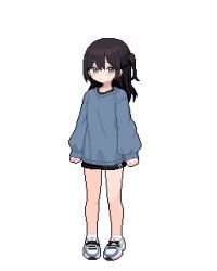Rule 34 | 1girl, black hair, black shorts, blue eyes, blue sweater, blush, clenched hands, full body, legs, long hair, long sleeves, no entity, one side up, original, pixel art, shoes, short shorts, shorts, sneakers, socks, solo, standing, sweater, transparent background