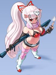 Rule 34 | 1girl, absurdres, belt, bikini, bikini top only, black gloves, black shorts, blue background, blunt bangs, boots, bow, breasts, cleavage, closed mouth, commentary, cosplay, elbow gloves, english commentary, fingerless gloves, fire, fujiwara no mokou, full body, gloves, gun, hair bow, high ponytail, highres, holding, holding gun, holding weapon, large breasts, long hair, looking to the side, medium bangs, metal belt, open fly, pink scarf, pink thighhighs, ponytail, profitshame, red eyes, rifle, scarf, short shorts, shorts, sidelocks, sniper rifle, solo, standing, studded belt, swimsuit, tengen toppa gurren lagann, thighhighs, touhou, very long hair, weapon, white bow, white footwear, white hair, yoko littner, yoko littner (cosplay)