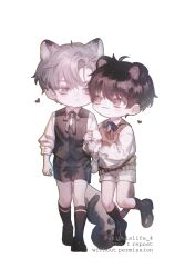 Rule 34 | 2boys, :3, aged down, animal ears, arm hug, black footwear, black shorts, black socks, bow, bowtie, brown hair, cat boy, cat ears, cat tail, chibi, child, closed mouth, collared shirt, full body, grey hair, heart, highres, ilay riegrow, jeong taeui, light blush, long sleeves, male focus, multiple boys, passion (manhwa), shirt, shoes, shorts, simple background, snow leopard boy, snow leopard ears, snow leopard tail, socks, sweater vest, tail, twitter username, walking, white background, white shirt, white shorts, whiteislife 4, yaoi