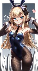 Rule 34 | 1girl, absurdres, animal ears, armpit crease, armpit peek, armpits, arms up, bare shoulders, between breasts, black gloves, black necktie, black pantyhose, blonde hair, blue leotard, blunt bangs, blush, border, breasts, cleavage, collarbone, covered navel, detached collar, ebora, elbow gloves, fake animal ears, fate/grand order, fate (series), fishnet pantyhose, fishnets, flower ornament, frilled headwear, frills, gloves, gluteal fold, green eyes, headband, highleg, highleg leotard, highres, leotard, long hair, lord el-melloi ii case files, medium breasts, mercury (element), naughty face, necktie, necktie between breasts, pantyhose, playboy bunny, print gloves, rabbit-ear headwear, rabbit ears, rabbit tail, reines el-melloi archisorte, sidelocks, skin tight, smile, solo, strapless, strapless leotard, tail, the adventures of lord el-melloi ii, white border, white wrist cuffs, wrist cuffs